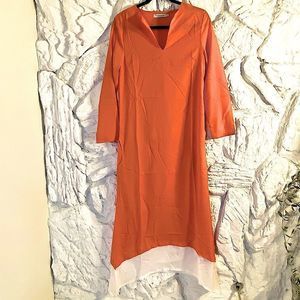 Misslook Sz S Semi Sheer Orange V Neck Maxi Long Sleeve Tunic Dress With Pockets